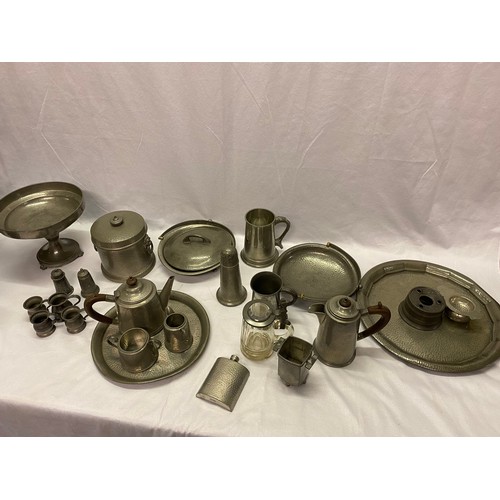 278 - A selection of pewter including a tea service on tray, pedestal dish, ice bucket, mugs, sugar castor... 