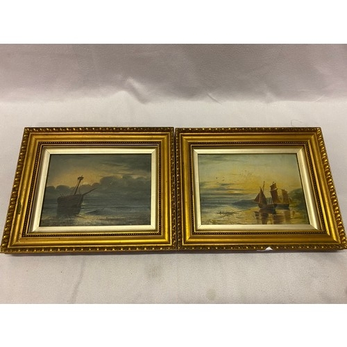 25 - A pair of small oils on panel - Fishing boats, gilt framed - 5 1/2in. x 7in.