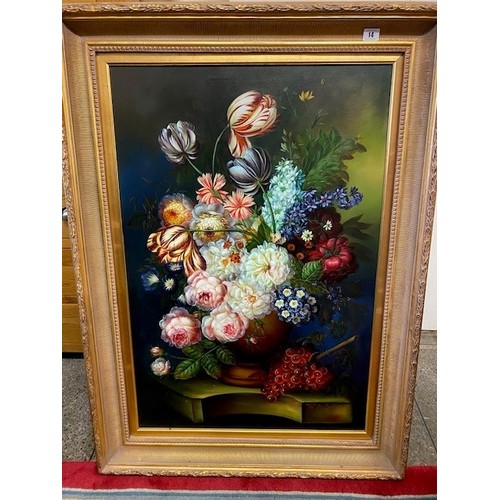 14 - Oils on canvas - Still life of flowers, gilt framed - 35in. x 24in.