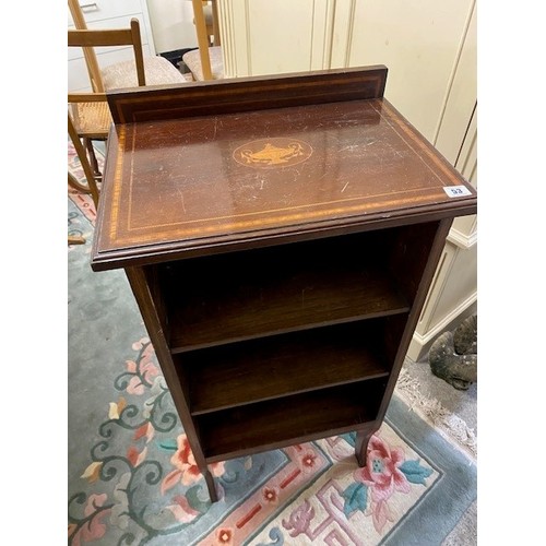 53 - A mahogany and satinwood crossbanded openfront bookcase with low raised back, shelves, on slender le... 