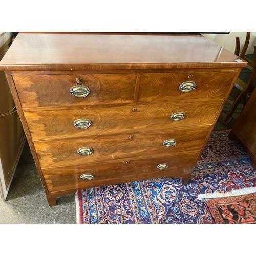 63 - A Georgian mahogany straight front chest fitted two narrow and three wide drawers, oval brass back p... 