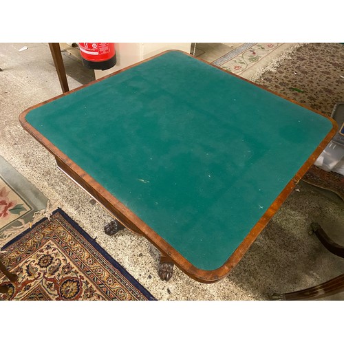 60 - A 19th Century mahogany card table with 'D' shaped folding top, on turned column with wrythen collar... 