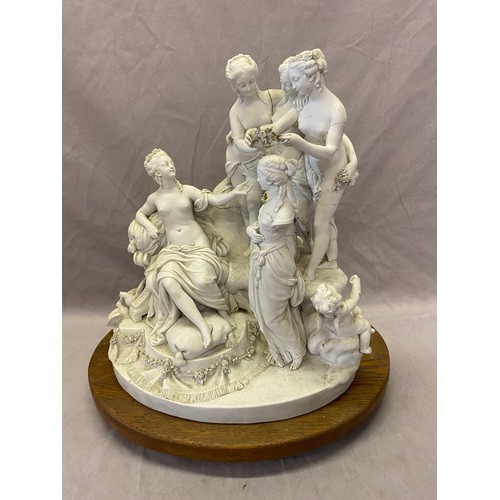 120 - A Parian style group of classical maidens, on wooden base - 15in. high