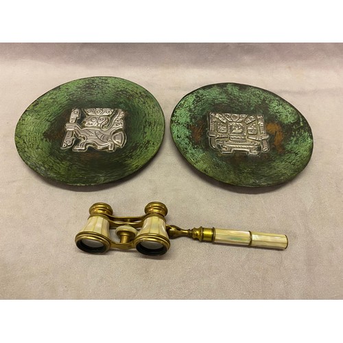 294 - A pair of 19th Century French mother of pearl mounted opera glasses and a pair of Peruvian copper ch... 