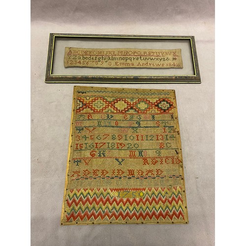 293 - An 18th Century needlework sampler dated 1750, unframed and a 19th Century needlework fragment worke... 