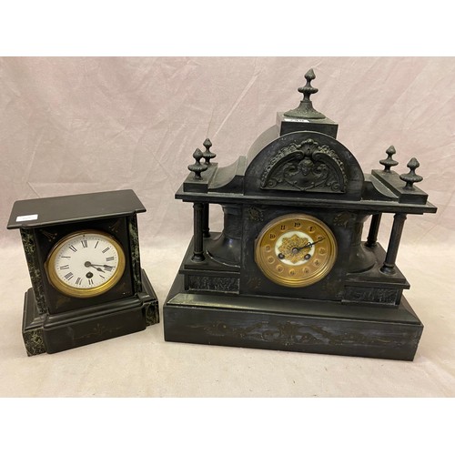 249 - A Victorian mantel clock with gilded dial, in a black slate case with dome shaped top - 17in. high a... 