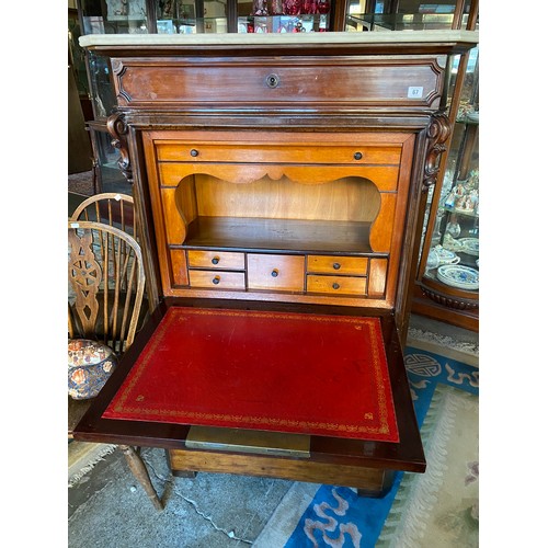 67 - A 19th Century mahogany secretaire abatant with marble top, frieze drawer above hinged compartment w... 