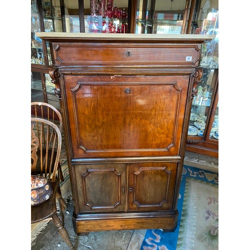 67 - A 19th Century mahogany secretaire abatant with marble top, frieze drawer above hinged compartment w... 