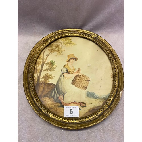 6 - A 19th Century watercolour in an oval of a milk maid, framed and glazed - 9 1/2in. x 8in.