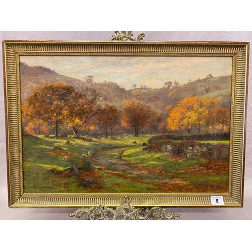 9 - J. Clinton Jones.  Oils on canvas - Autumnal landscape with sheep, framed - 13 1/2in. x 20in.