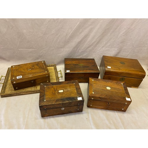 250 - A 19th Century rosewood and brass banded box, three 19th Century rosewood and mother of pearl inlaid... 