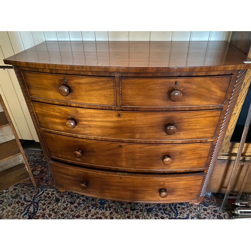 72 - A Victorian mahogany bow front chest fitted two narrow and three wide drawers, turned wood knob hand... 