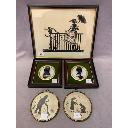 15 - Four 19th Century silhouettes and two on glass, framed and glazed