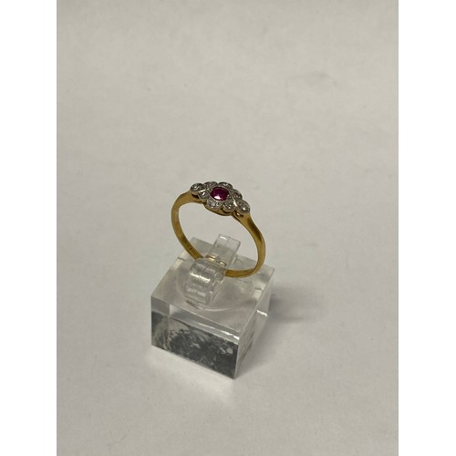 263 - A lady's ring set centre red stone surrounded by diamonds, on an 18ct. gold and platinum shank