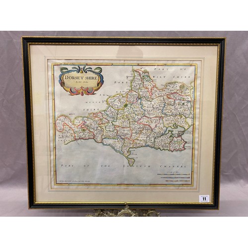 11 - An 18th Century hand coloured map of Dorsetshire by Robert Morden, framed and glazed - 14in. x 17in.