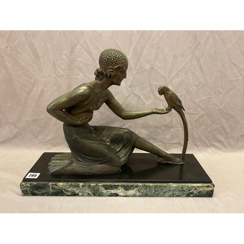 295 - A 1930's period spelter figure of a kneeling lady with a parrot, on a marble base - 20in. wide