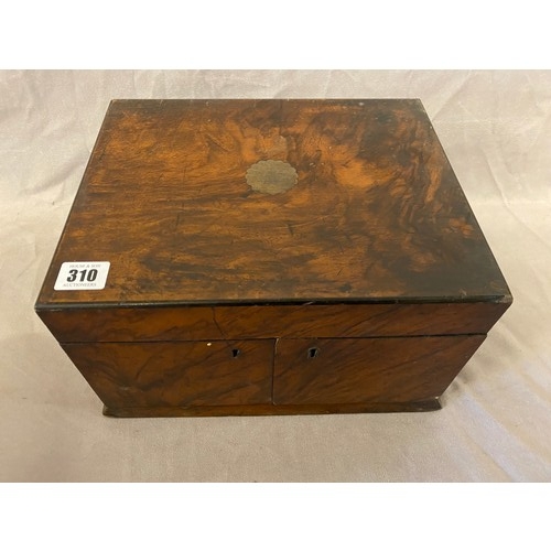 310 - A Victorian mahogany sewing and jewellery box with hinged lid enclosing mirror and tray, the front f... 