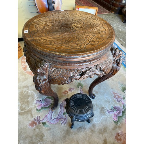 35 - A Chinese circular occasional table with carved top, on four carved stylised legs with bat wing deco... 