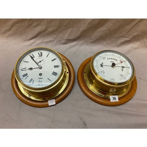 79 - A Sestrel ships barometer and a similar wall clock, on mahogany plinths - 9in. dia.