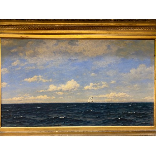 1 - Monogrammed.  Oils on canvas - Calm sea with sailing ship on the horizon, in a decorative gilt frame... 