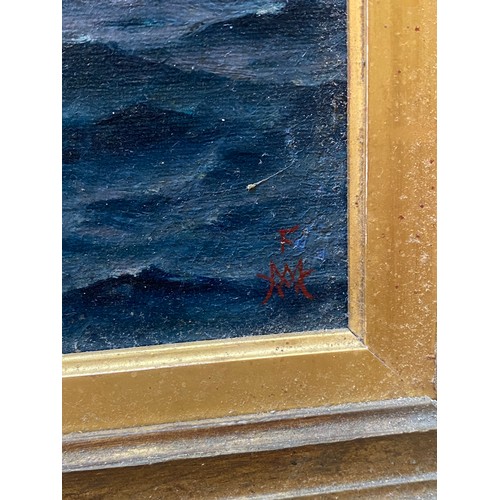 1 - Monogrammed.  Oils on canvas - Calm sea with sailing ship on the horizon, in a decorative gilt frame... 