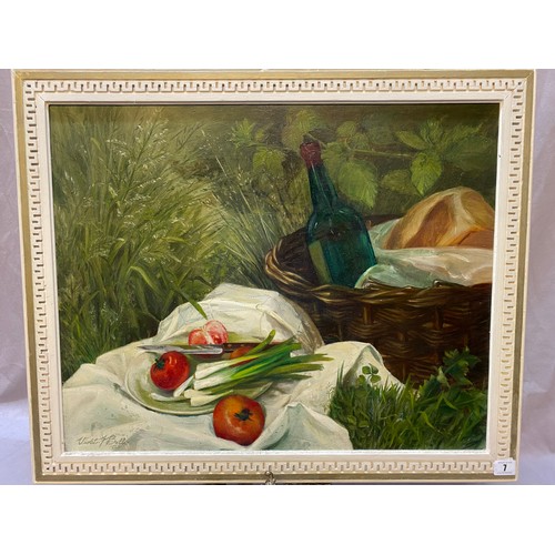 7 - Violet Bell 1966.   Oils - Still life of tomatoes and spring onions, framed - 19in. x 23in.