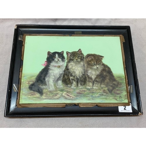 2 - Monogrammed BB 1923. Oils on glass - Portrait of three kittens, framed and glazed - 7in. x 10in.