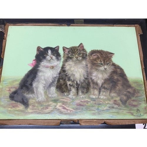 2 - Monogrammed BB 1923. Oils on glass - Portrait of three kittens, framed and glazed - 7in. x 10in.