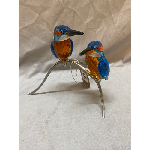 162 - A Swarovski crystal model of two Kingfishers on a metal branch - 6 1/2in. high