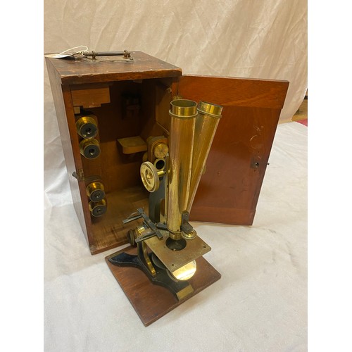 271 - A brass binocular microscope with lenses in mahogany box