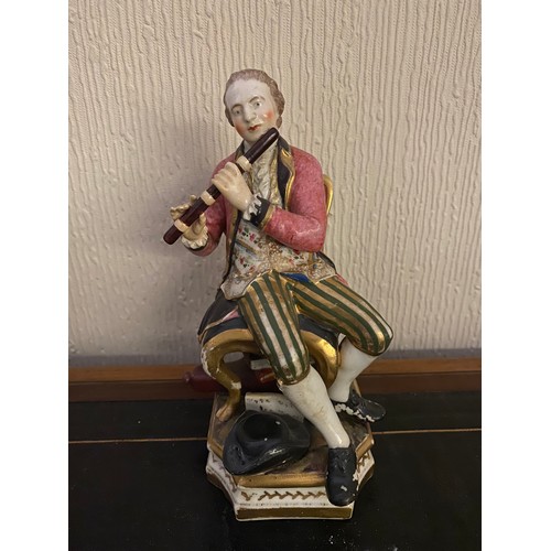 129 - An 18th Century Duesbury Derby figure of a seated male musician playing a flute - 7in. high