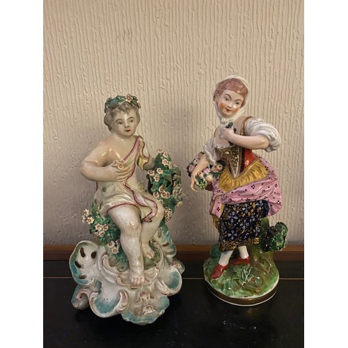 130 - A Bloor Derby figure 'Summer' depicting a girl with a basket of flowers, holding a bunch of grapes -... 