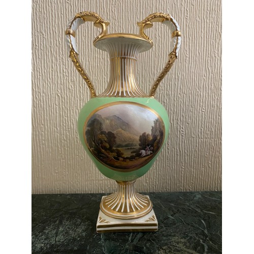 136 - A Bloor Derby vase, white and gilt with leaf scroll handles, white and gilt neck, apple green ground... 