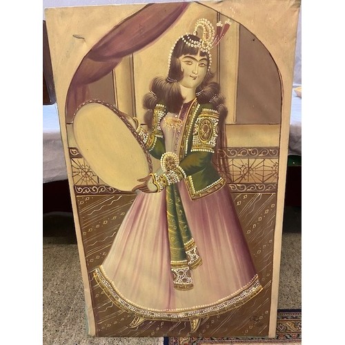 4 - A signed oil on canvas - Portrait of a Qajar dancer, unframed - 43in. x 26 1/2in.