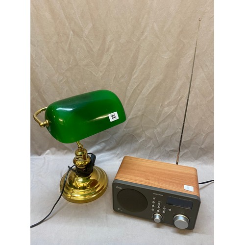 35 - A modern brass finished desk lamp with green glass shade and a Ferguson DAB radio