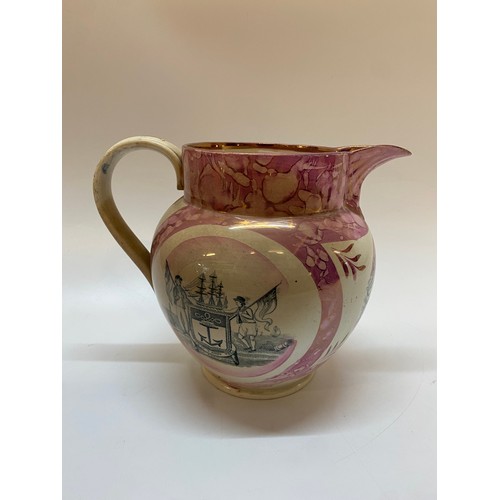 172 - A 19th Century Sunderland pink lustre jug decorated to one side with The Mariners Compass and the ot... 