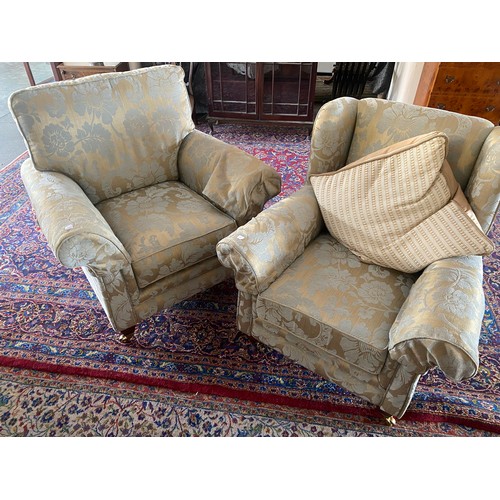 63 - An Alston Ixworth three piece settee suite upholstered in pale blue and cream floral pattern materia... 