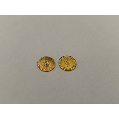 218 - Two Mexican gold one peso coins dated 1865