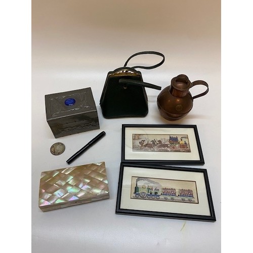 286 - A small copper Guernsey jug, two Stevengraph style prints, mother of pearl covered box, pewter cover... 