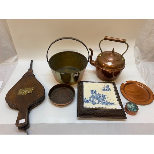 276 - A selection of copper and brass including kettle, preserve pan, washing dolly, pair of bellows, Geor... 