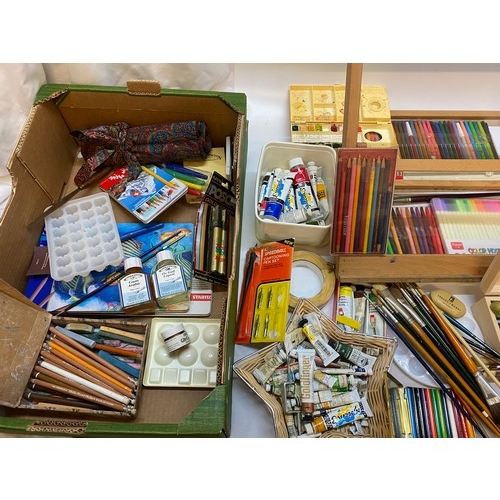 74 - A quantity of artists materials including metal artists easel on tripod base, wooden easel, tabletop... 