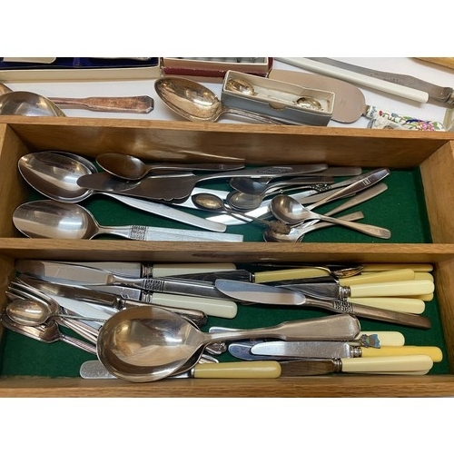 245 - A selection of silver plated flatware in a wooden cutlery tray including a soup ladle, carving knife... 