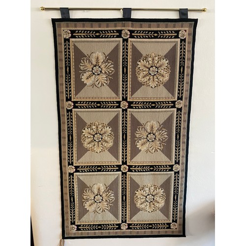 6 - A reproduction wall hanging, black and gold decorated flowers in six reserves