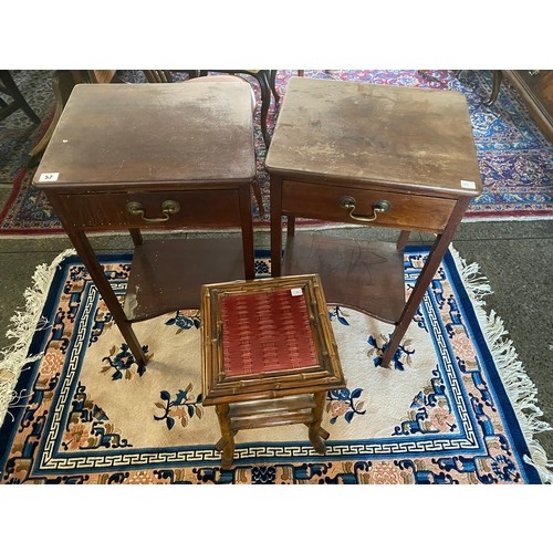 52 - A pair of mahogany tables each fitted drawer, on square legs united by undertier - 16in. wide and a ... 