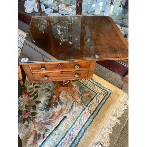 74 - A Georgian mahogany Pembroke table fitted to rectangular drop flaps, two frieze drawers, knob handle... 