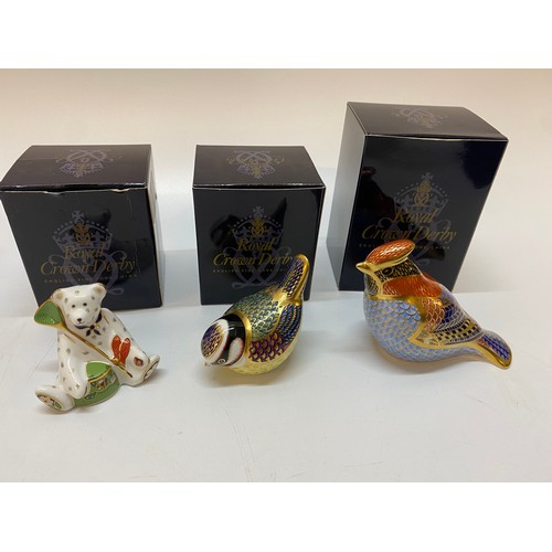 105 - Three Royal Crown Derby paperweights, all boxed - Bluetit, miniature Bear Gone Fishing and Waxwing