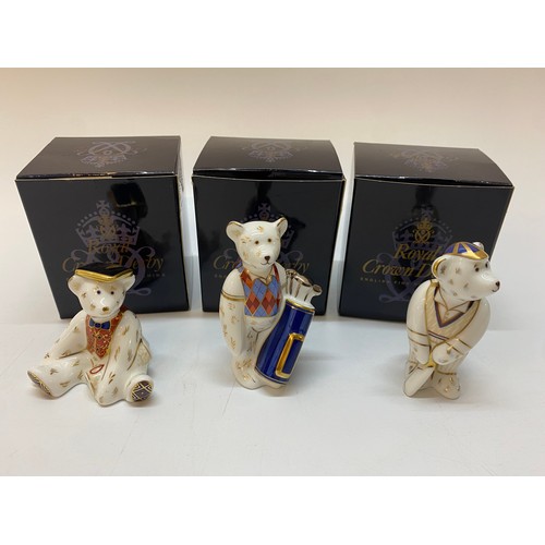 107 - Three Royal Crown Derby paperweights, all boxed - Miniature Bear Cricket, Miniature Bear Golfer and ... 