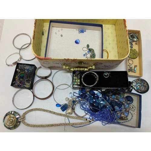 166 - A coral decorated storage case containing a selection of abalone set jewellery, multi stand blue bea... 