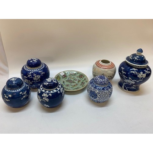 111 - A Cantonese dish with celadon glaze - 7in. wide, a Chinese ginger jar painted winter landscape, a pr... 