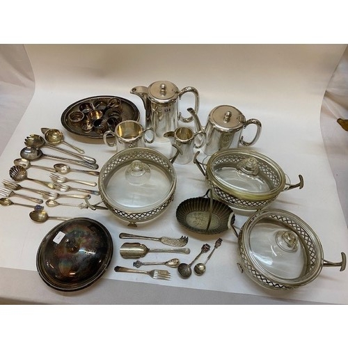 134 - Two silver napkin rings, a hotel plate tea service, three casserole dishes and frames and a selectio... 